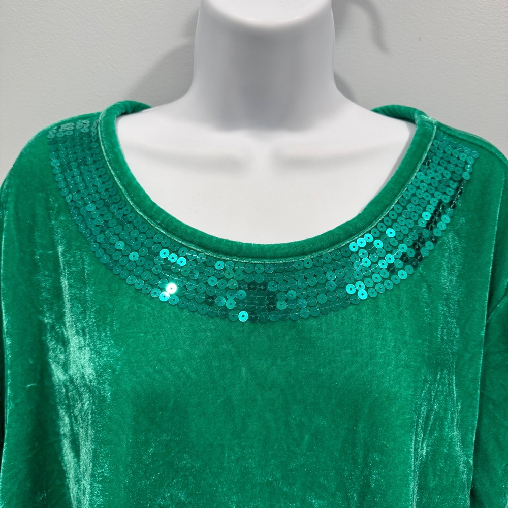 Quacker Factory Green Velour Velvet Sequin Neck Tunic Top Size 2X Holiday Glam